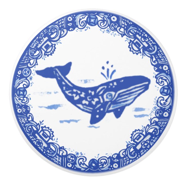 Blue Willow Design Whale Whimsical Ansikte Höger Knopp (Framsidan)