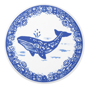 Blue Willow Design Whale Whimsical Ansikte Lämnat Knopp