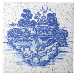 Blue Willow Fox Foxes Blommigt Antique Pagoda Bird Kakelplatta
