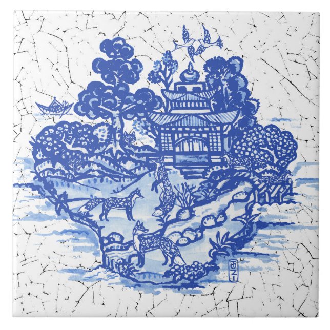 Blue Willow Fox Foxes Blommigt Antique Pagoda Bird Kakelplatta (Framsidan)
