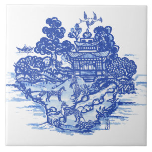 Blue Willow Fox Foxes Blommigt Antique Pagoda Bird Kakelplatta
