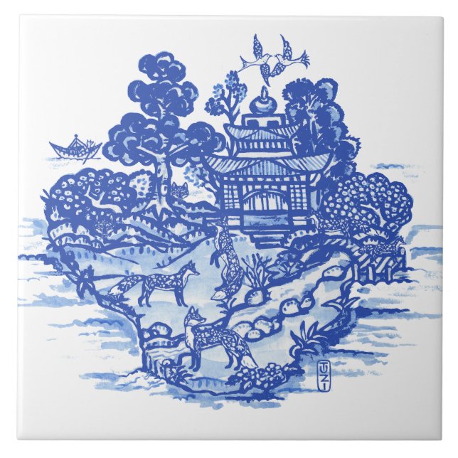 Blue Willow Fox Foxes Blommigt Antique Pagoda Bird Kakelplatta (Framsidan)