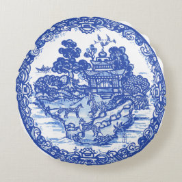 Blue Willow Fox Foxes Blommigt Antique Pagoda Bird Rund Kudde