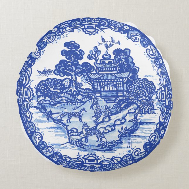 Blue Willow Fox Foxes Blommigt Antique Pagoda Bird Rund Kudde (Framsidan)