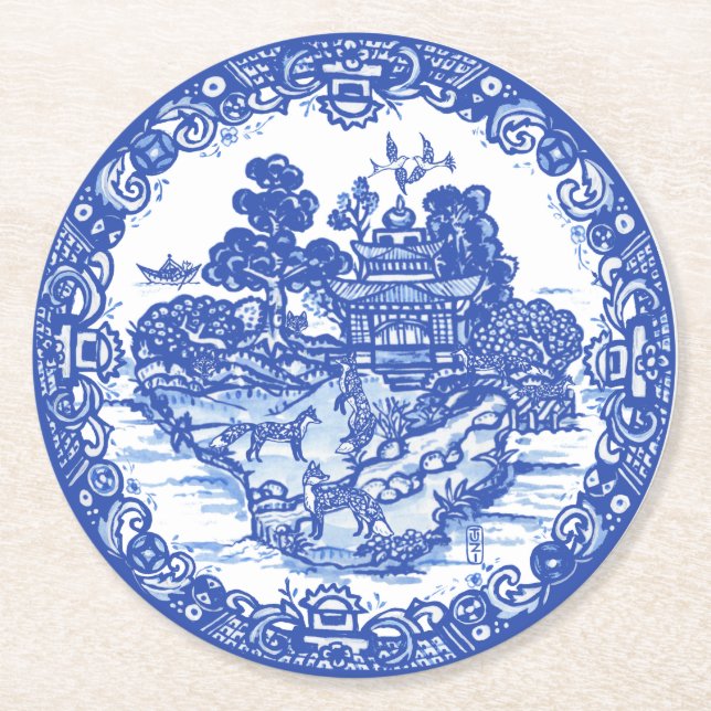 Blue Willow Fox Foxes Blommigt Antique Pagoda Bird Underlägg Papper Rund (Framsidan)