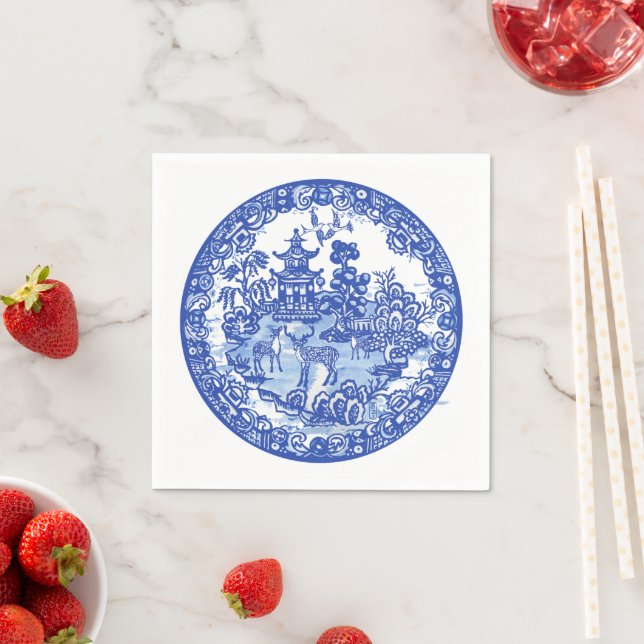 Blue Willow Hjort Asian Temple Garden Art Napkins Pappersservett (Insitu)
