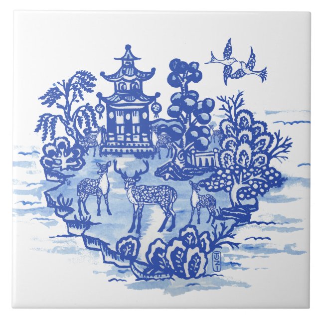 Blue Willow Hjort Herd Antique Pagoda Phoenix Kakelplatta (Framsidan)