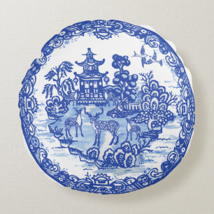 Blue Willow Hjort Herd Antique Pagoda Phoenix Rund Kudde