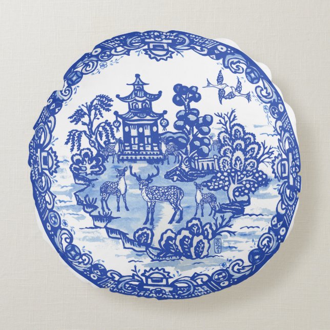 Blue Willow Hjort Herd Antique Pagoda Phoenix Rund Kudde (Framsidan)