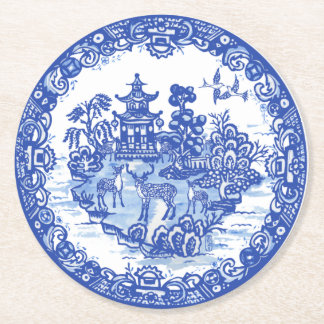 Blue Willow Hjort Herd Antique Pagoda Phoenix Underlägg Papper Rund