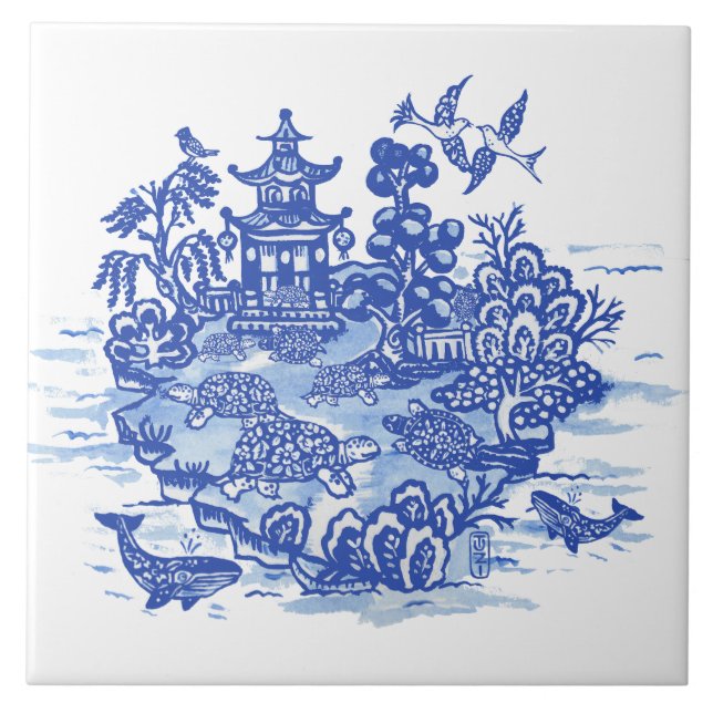 Blue Willow Isle of Turtles Whimsical Garden Kakelplatta (Framsidan)