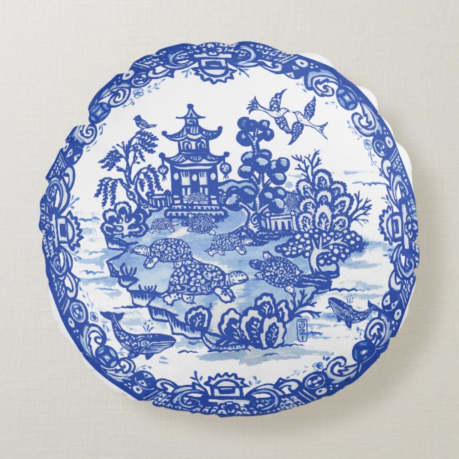 Blue Willow Isle of Turtles Whimsical Garden Rund Kudde (Framsidan)