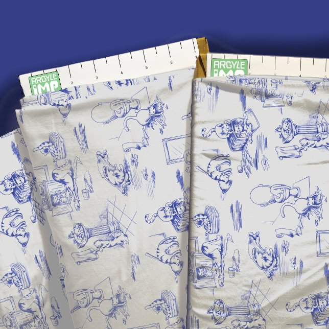Blue Willow Kattunge Bathroom Toile Tyg (close-up with ruler)