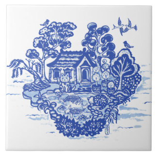 Blue Willow Lucky Cat Koi Pond Antique Fantasy Kakelplatta