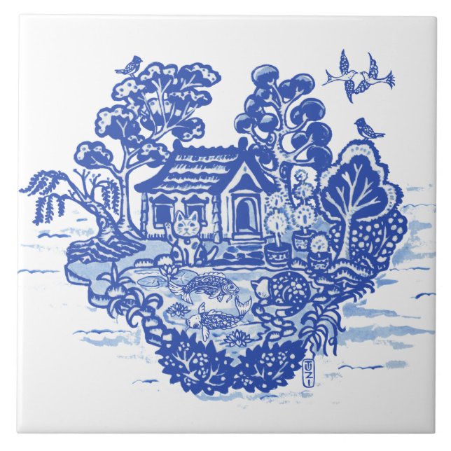 Blue Willow Lucky Cat Koi Pond Antique Fantasy Kakelplatta (Framsidan)