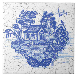 Blue Willow Lucky Cat Koi Pond Antique Fantasy Kakelplatta