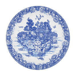 Blue Willow Lucky Cat Whimsical Chinoiserie Art