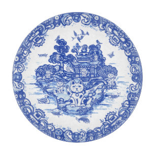 Blue Willow Lucky Cat Whimsical Chinoiserie Art