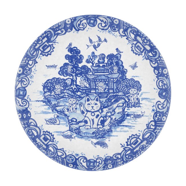 Blue Willow Lucky Cat Whimsical Chinoiserie Art (Framsidan)
