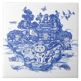Blue Willow Lucky Cat Whimsical Chinoiserie Art Kakelplatta