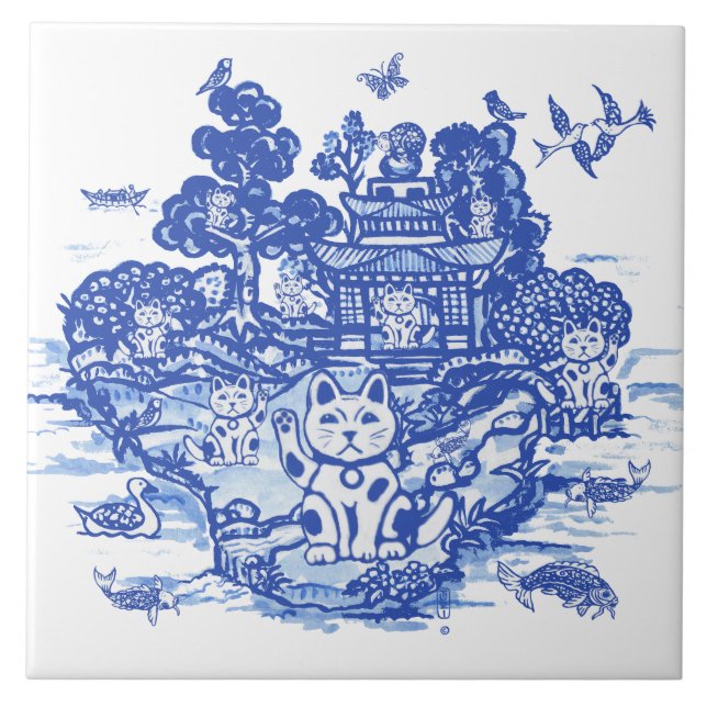 Blue Willow Lucky Cat Whimsical Chinoiserie Art Kakelplatta (Framsidan)