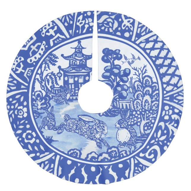 Blue Willow Oriental Rabbit Whimsical Blue & White Julgransmatta Borstad Polyester (Framsidan)