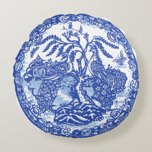 Blue Willow Peacock Island Asian Temple Garden Art Rund Kudde