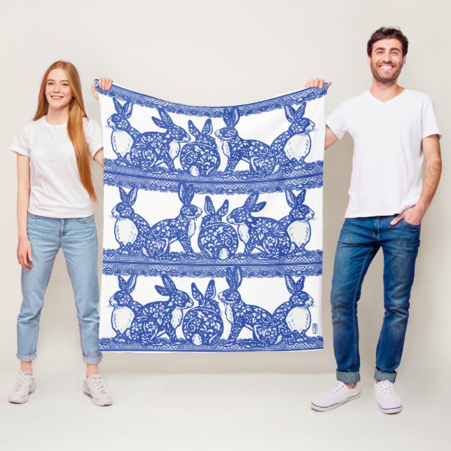 Blue Willow Rabbit Blommigt Chinoiserie Bunny Desi Fleecefilt (På plats)