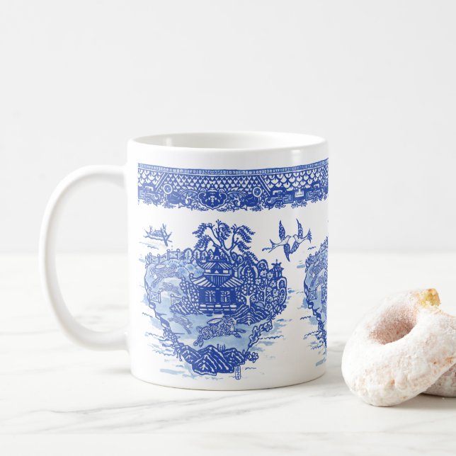 Blue Willow Rabbit Hare Isle of Animals Roligt Art Kaffemugg (Med munk)