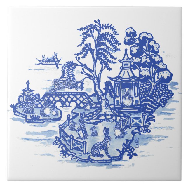 Blue Willow Rabbit Island Antique Fantasy Art Kakelplatta (Framsidan)