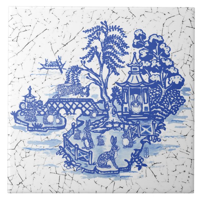 Blue Willow Rabbit Island Antique Fantasy Art Kakelplatta (Framsidan)