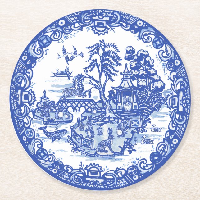 Blue Willow Rabbit Island Antique Fantasy Art Underlägg Papper Rund (Framsidan)