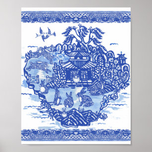 Blue Willow Rabbit Island Whimsical Oriental Art Poster