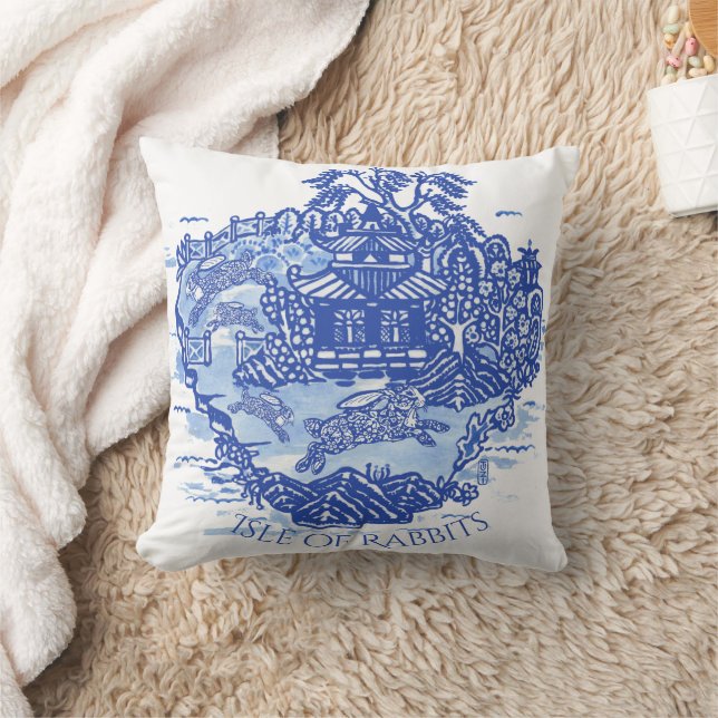 Blue Willow Rabbit Island White Whimsical Toile Kudde (Filt)