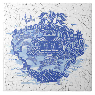 Blue Willow Rabbit Isle Willow Antique Fantasy Art Kakelplatta