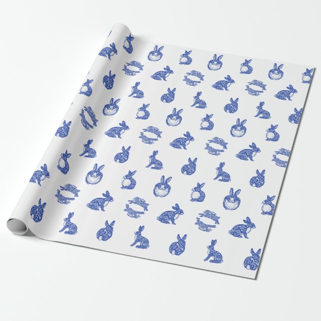 Blue Willow Rabbit Whimsical Isle of Rabbits Tiss Presentpapper (Utrullad)