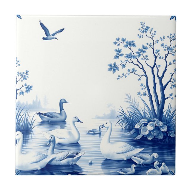 Blue Willow Swans Lake Scene Kakelplatta (Framsidan)
