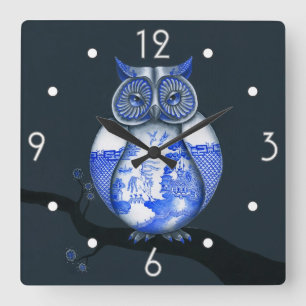 Blue Willow Uggla Wall Clock Fyrkantig Klocka