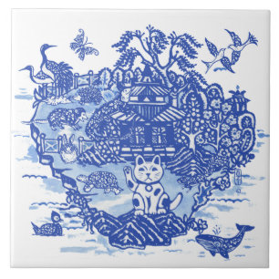 Blue Willow Unusual Roligt Animal Iguana Hedgehog Kakelplatta