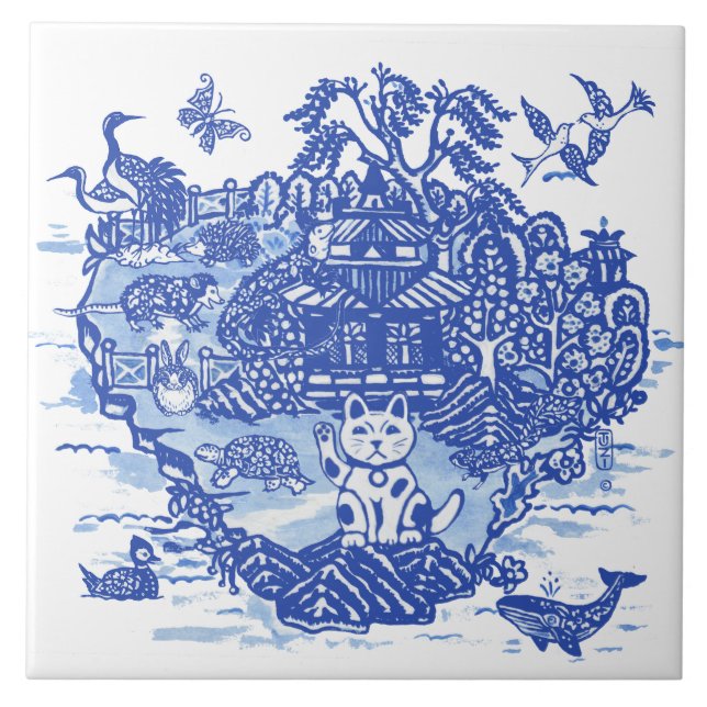 Blue Willow Unusual Roligt Animal Iguana Hedgehog  Kakelplatta (Framsidan)