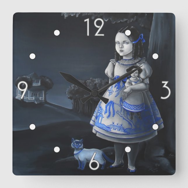 Blue Willow Wall Clock Fyrkantig Klocka (Framsida)