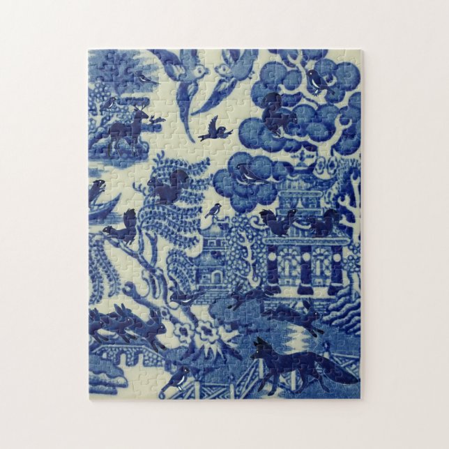 Blue Willow with Woodland Animals Fox Rabbit Bird Pussel (Vertikal)