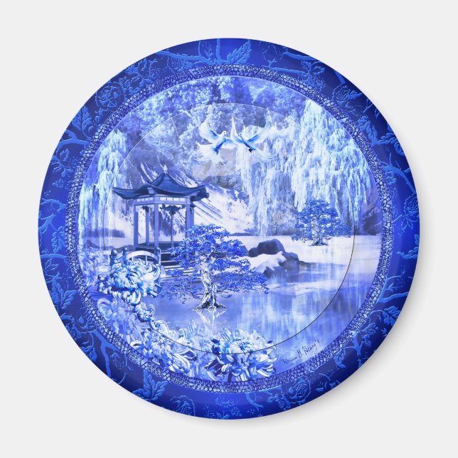 "Blue Willow World" ~ 3" Round Magnet (Framsidan)