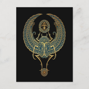 Blue Winged Egyptian Scarab Beetle med Ankh Black Vykort