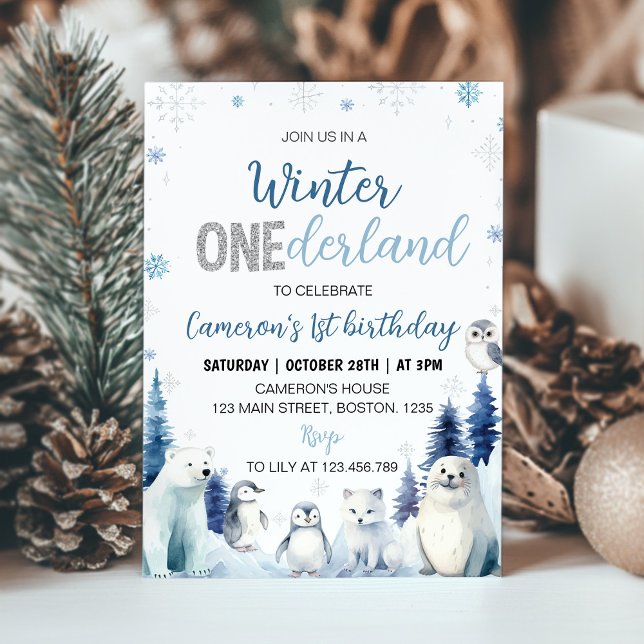 Blue Winter Animals Onederland 1st Birthday Inbjudningar (Skapare uppladdad)