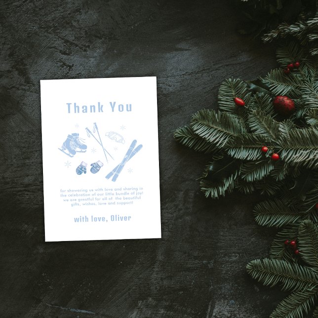 Blue Winter Après Bébé Ski Boy Baby Shower  Tack Kort (Blue Winter Après Bébé Ski Boy Baby Shower Thank You Card)