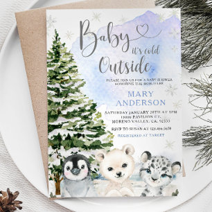 Blue Winter Arctic Animals Gräs Träd Baby Shower Inbjudningar