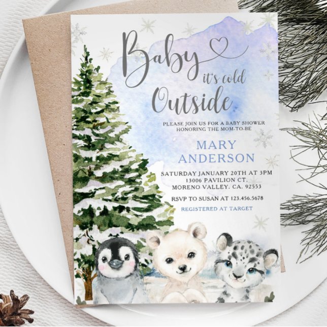 Blue Winter Arctic Animals Gräs Träd Baby Shower Inbjudningar (Skapare uppladdad)