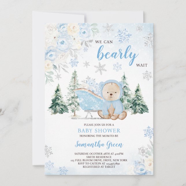 Blue Winter Bear Baby Shower Inbjudningar (Framsida)