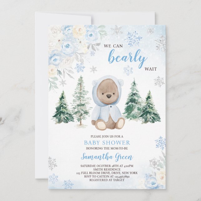 Blue Winter Bear Baby Shower Inbjudningar (Framsida)